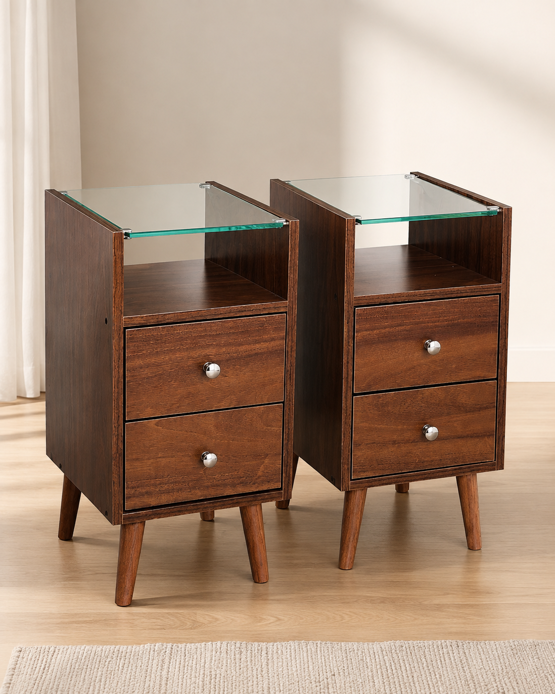 Mesa de Cabeceira Nogueira — 3 Gavetas com Vidro