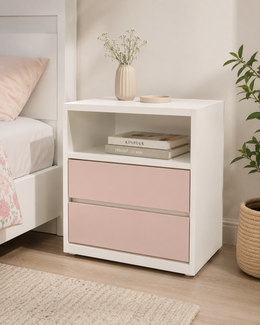 Mesa de Cabeceira Lótus — Branco com Gavetas Rosé