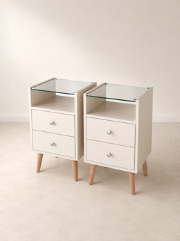 Mesa de Cabeceira Glass — 2 Gavetas com Tampo de Vidro
