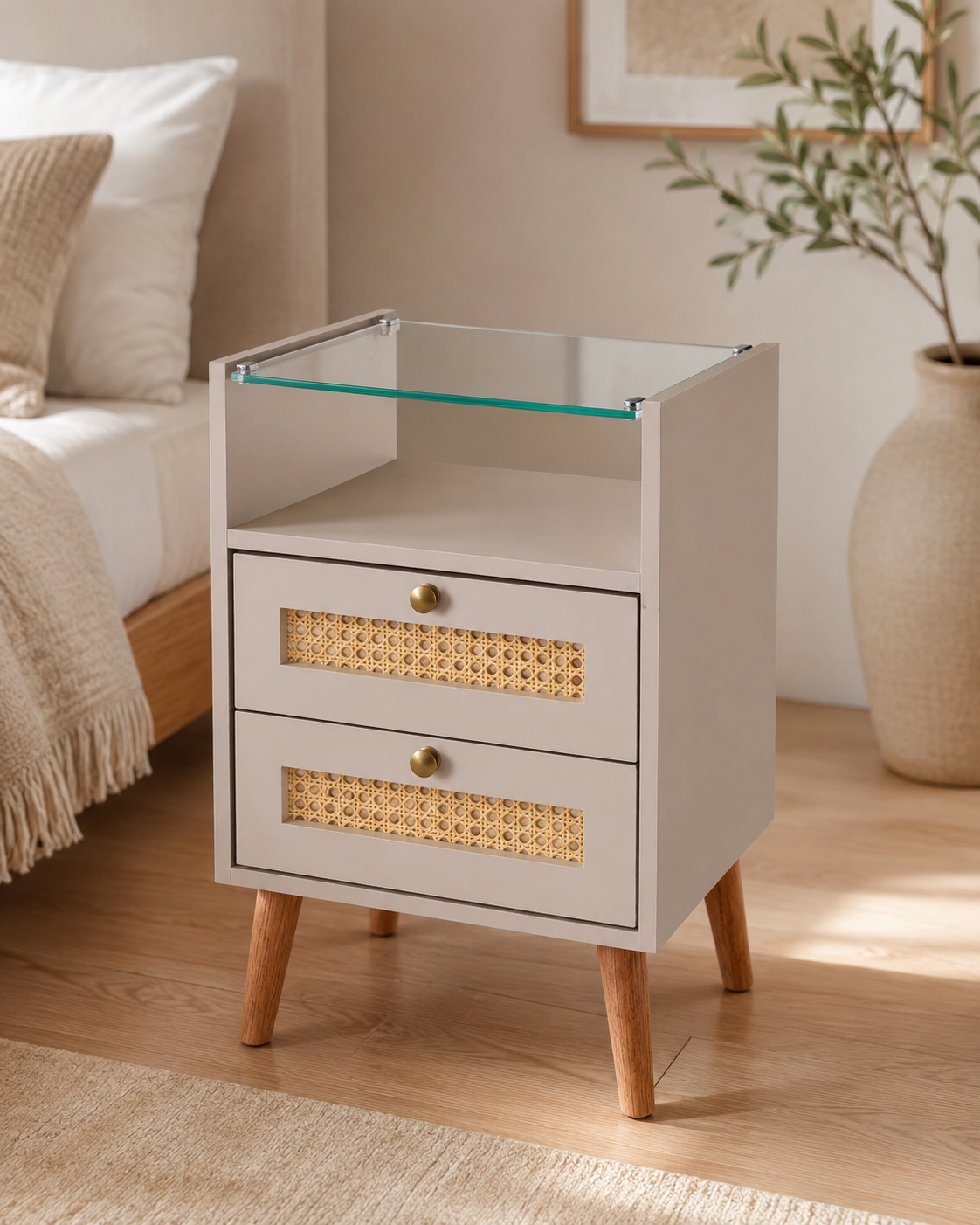 Mesa de Cabeceira Fjord com rattan e vidro