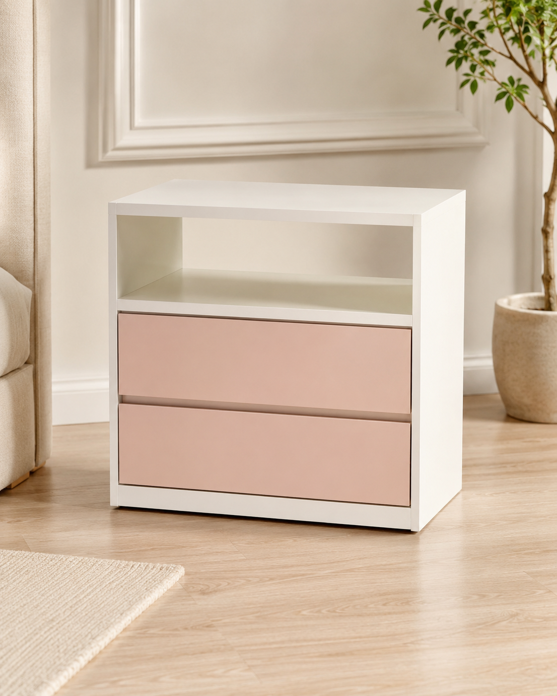 Mesa de Cabeceira Lótus branca com gavetas rosé